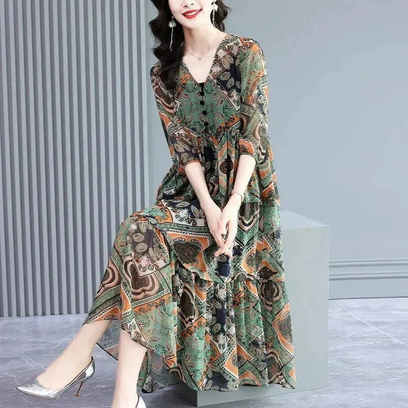 【M-3XL】Rochie retro florală din mătase de gheață de primăvară 2025